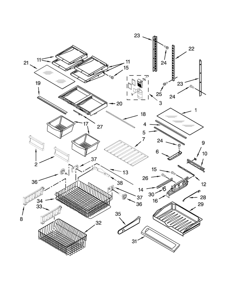 Shelf Parts Diagram and Parts List for WRF540CWBW00  Whirlpool Refrigerator