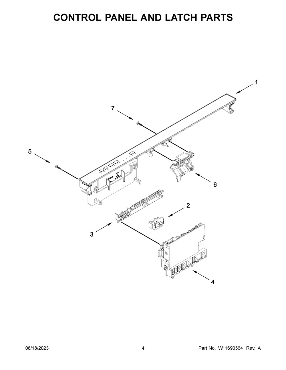 Control Panel And Latch Parts Diagram and Parts List for WDT531HAPM0  Whirlpool Dishwasher