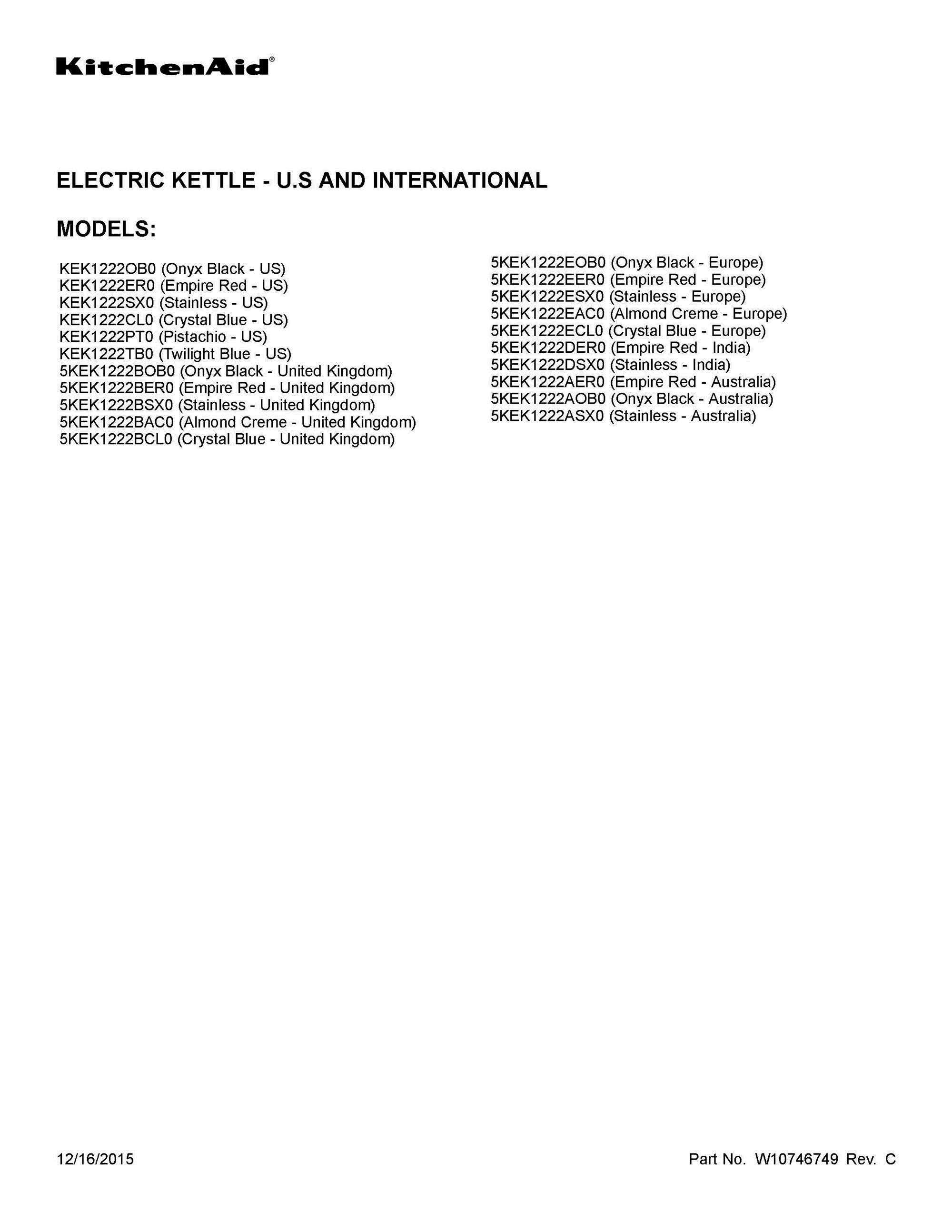01 - COVER SHEET Diagram and Parts List for KEK1222CL0  Whirlpool Kettle