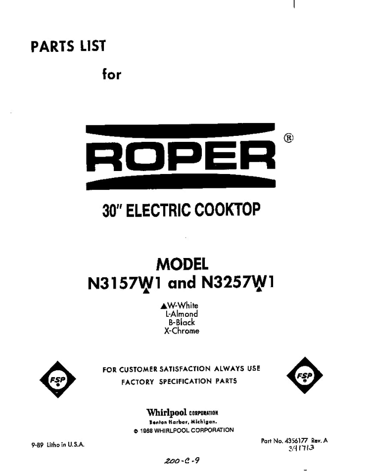 Front Cover Diagram and Parts List for N3257*1  Roper Range
