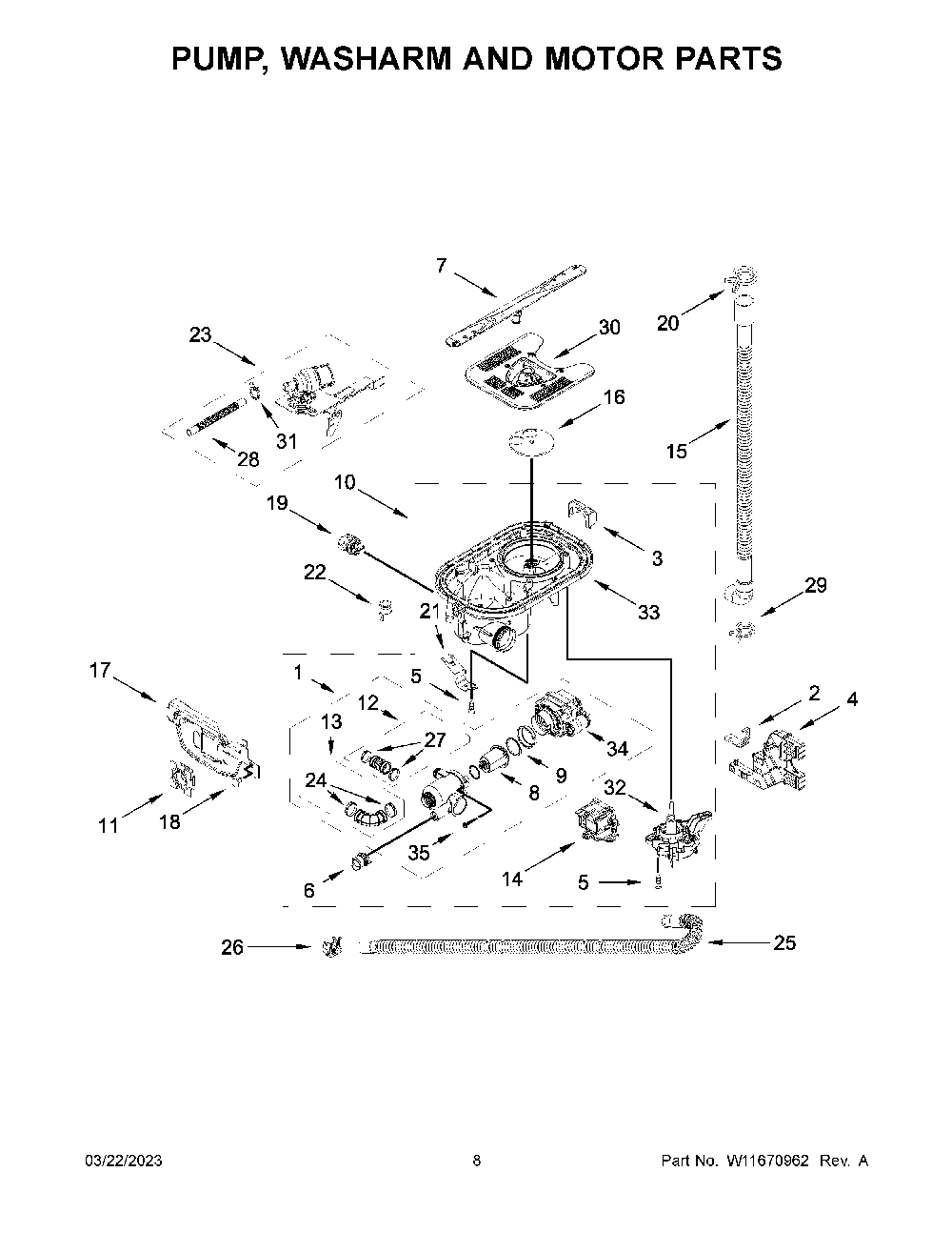 Pump, Washarm And Motor Parts Diagram and Parts List for KDPM804KPS1  KitchenAid Dishwasher