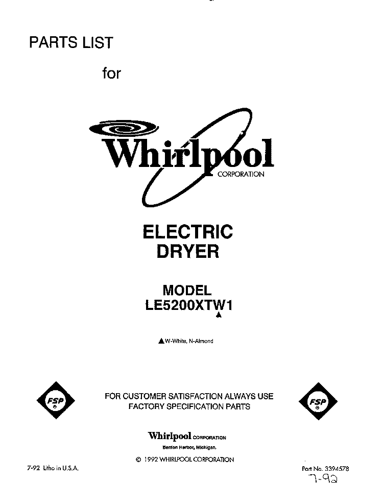 SECTION Diagram and Parts List for LE5200XTW1  Whirlpool Dryer