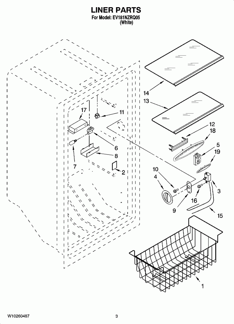 LINER PARTS Diagram and Parts List for EV181NZRQ05  Whirlpool Freezer