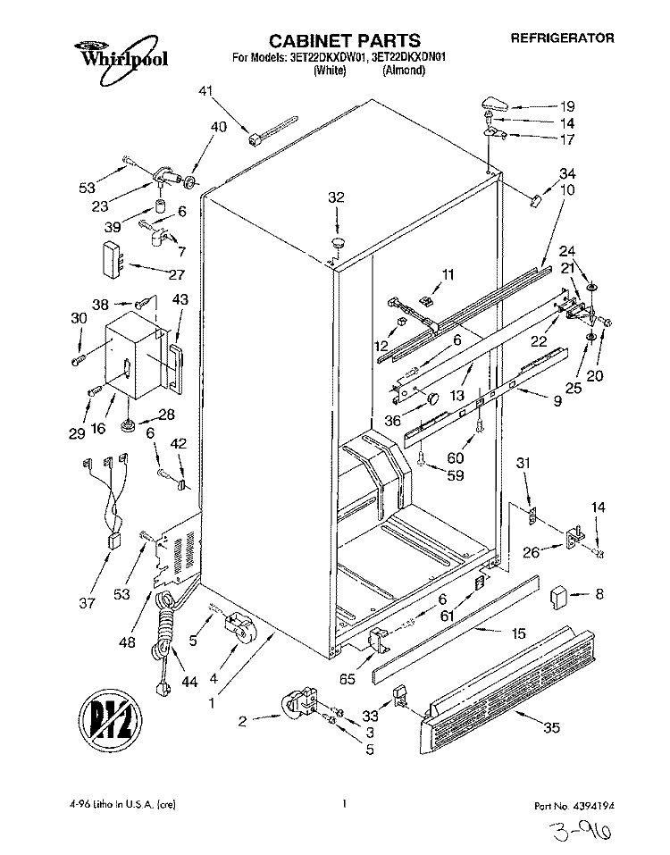 CABINET Diagram and Parts List for 3ET22DKXDN01  Whirlpool Refrigerator