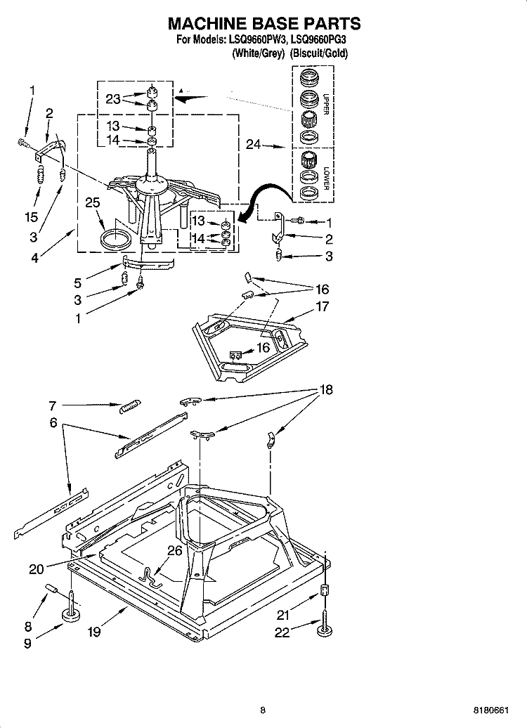 MACHINE BASE PARTS Diagram and Parts List for LSQ9660PG3  Whirlpool Washer
