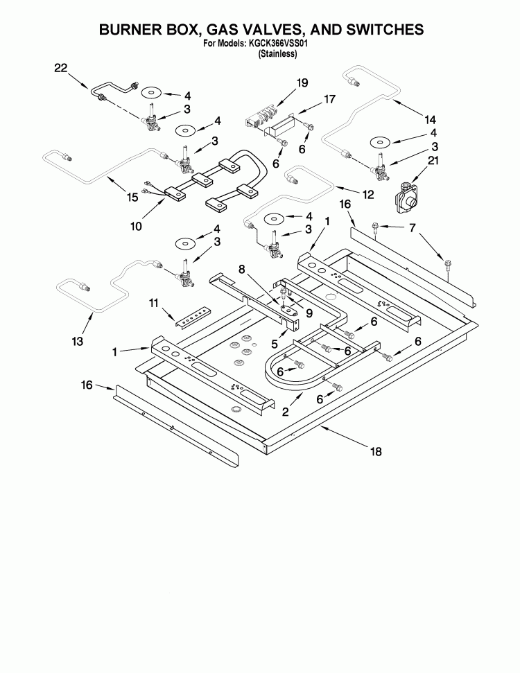 BURNER BOX, GAS VALVES, AND SWITCHES Diagram and Parts List for KGCK366VSS01  KitchenAid Cooktop