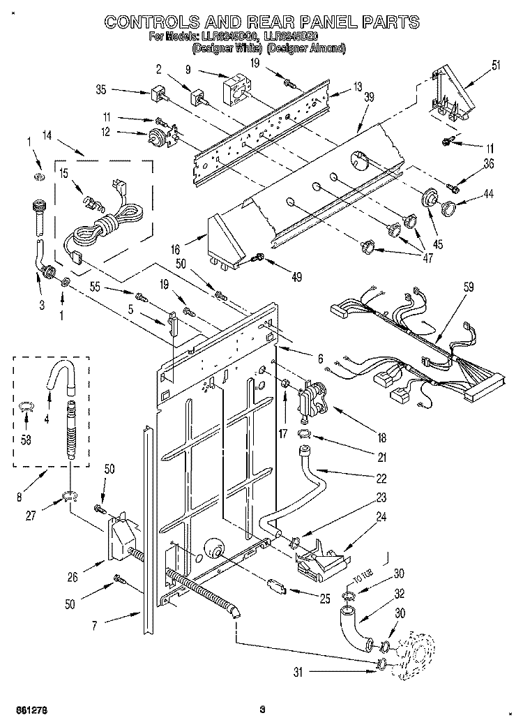 CONTROLS AND REAR PANEL Diagram and Parts List for LLR8245DQ0  Whirlpool Washer