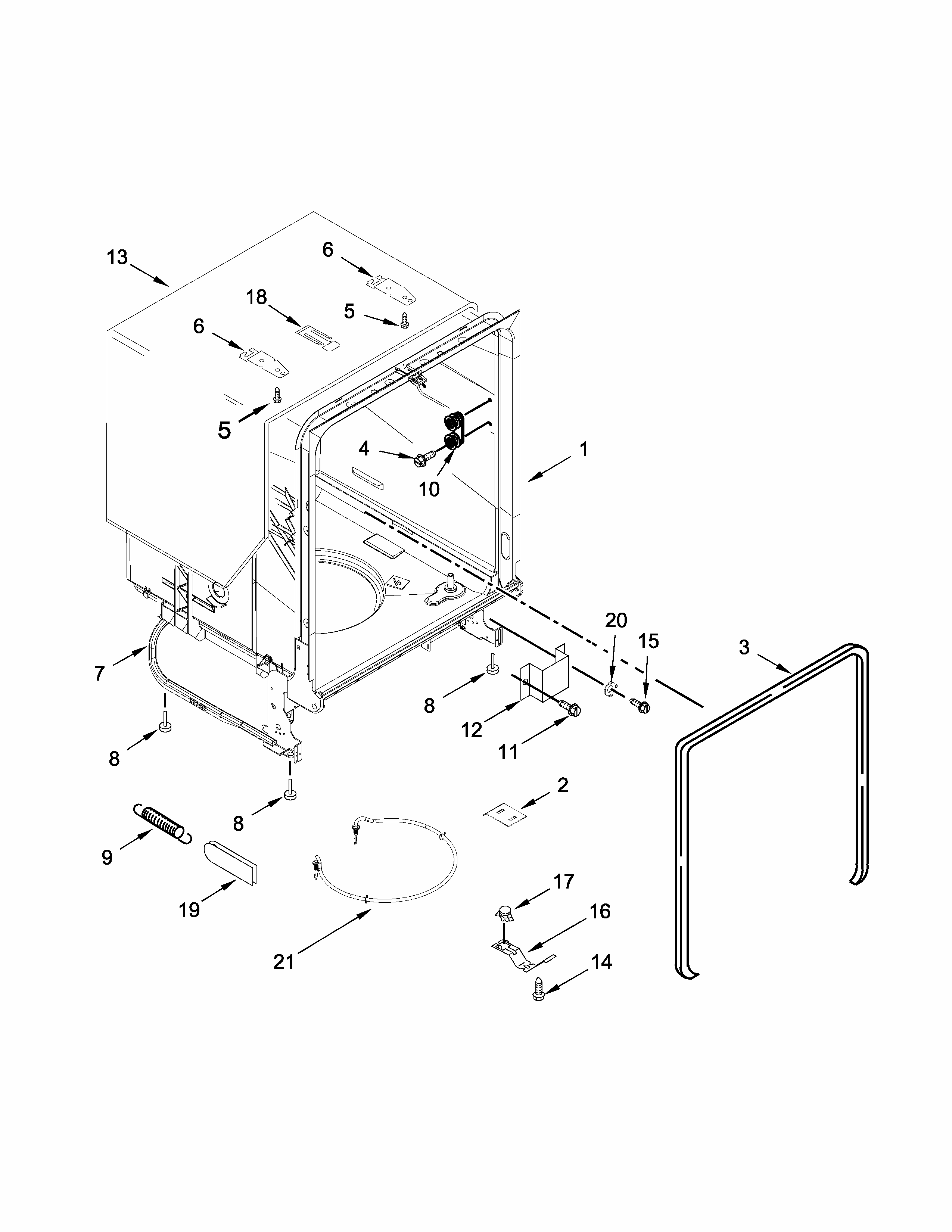 Tub And Frame Parts Diagram and Parts List for 66513073K216  Kenmore Dishwasher