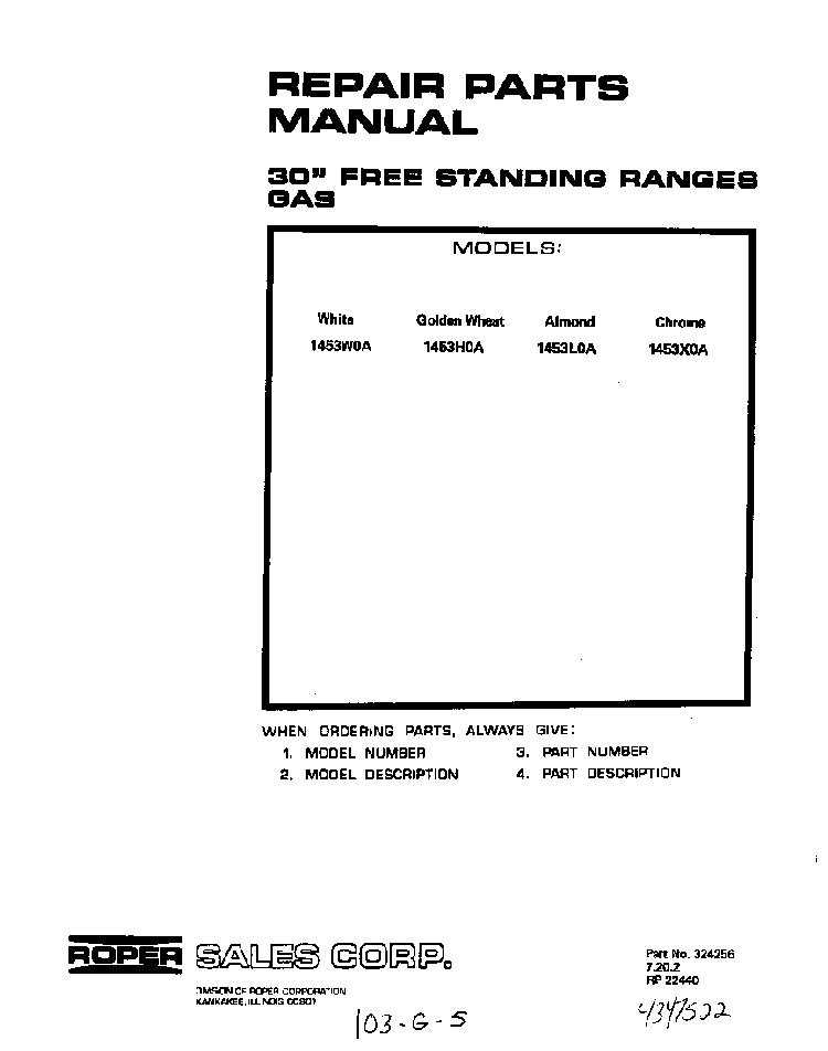 Cover Page-text Only Diagram and Parts List for 1453*0A  Roper Range