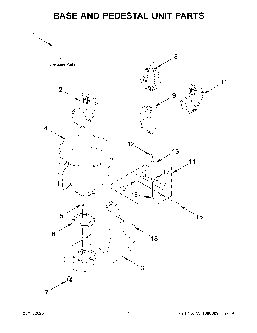 Base And Pedestal Unit Parts Diagram and Parts List for KSM150FECU5  KitchenAid Mixer