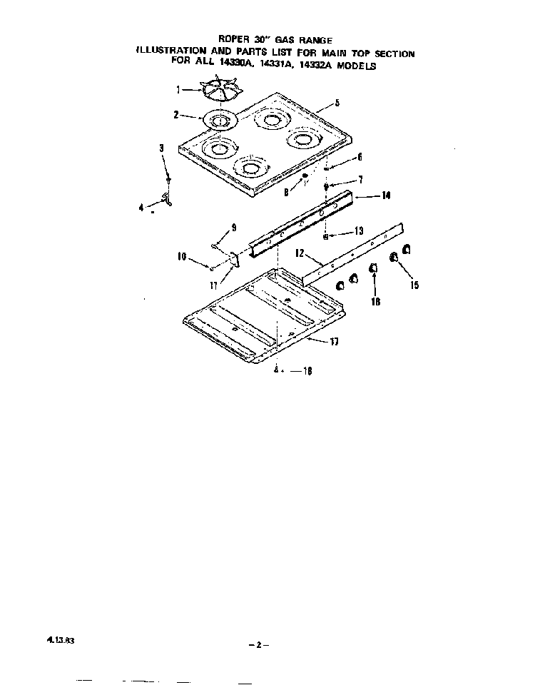 Main Top Diagram and Parts List for 1433*0A  Roper Range