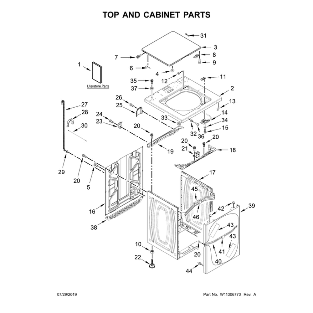 Top & Cabinet Parts Diagram and Parts List for CAE2745FQ1  Whirlpool Washer