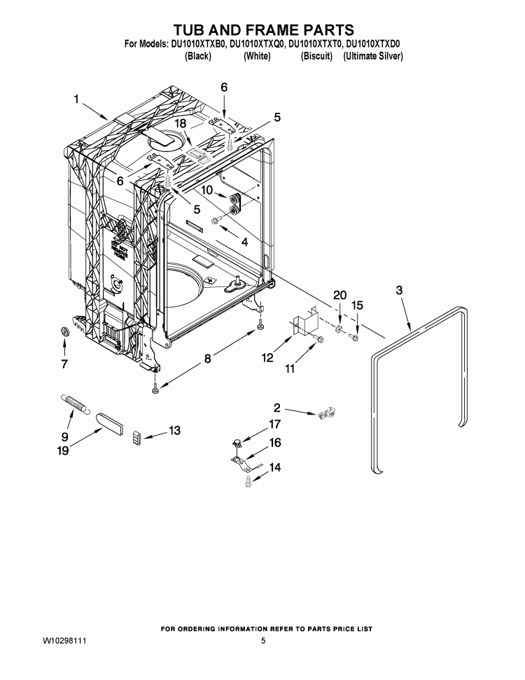 TUB AND FRAME PARTS Diagram and Parts List for DU1010XTXT0  Whirlpool Dishwasher