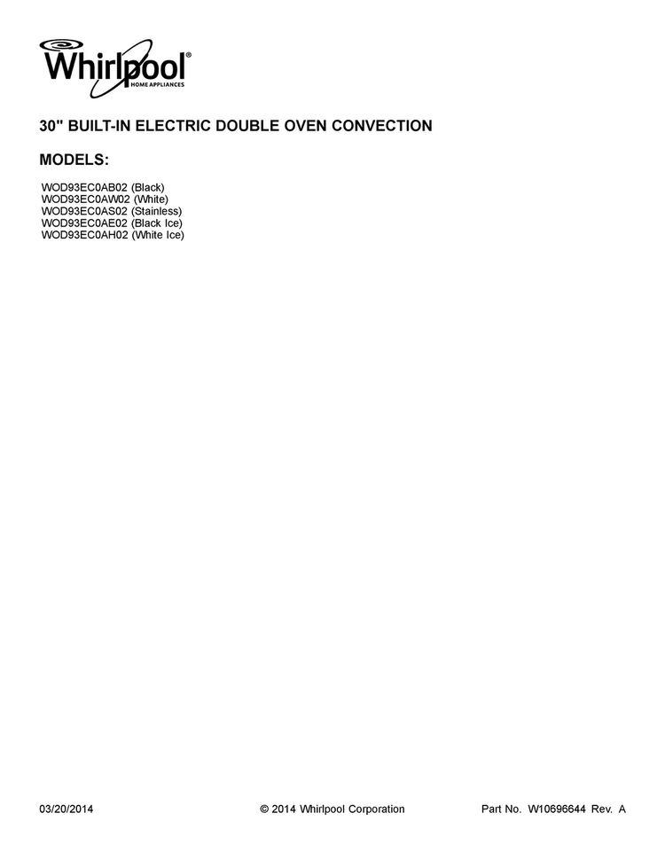 Cover Sheet Diagram and Parts List for WOD93EC0AS02  Whirlpool Wall Oven