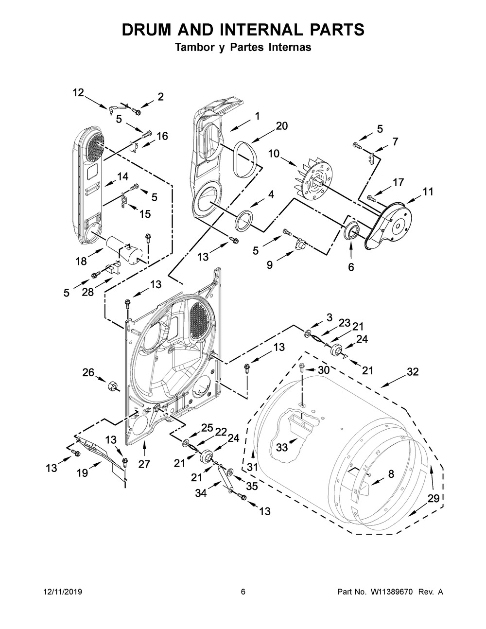 Drum And Internal Parts Diagram and Parts List for 7MWGD1930JM0  Whirlpool Dryer