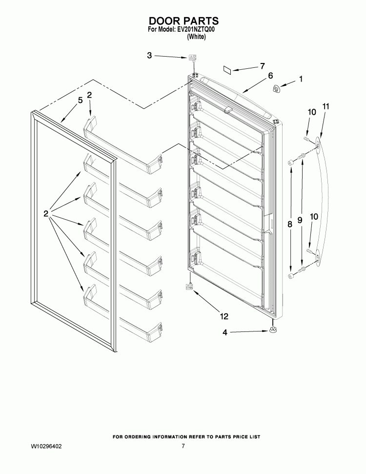 DOOR PARTS Diagram and Parts List for EV201NZTQ00  Whirlpool Freezer