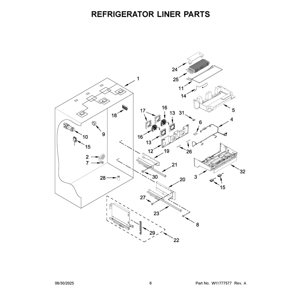 Refrigerator Liner Parts Diagram and Parts List for KBFN536SJP00  KitchenAid Refrigerator
