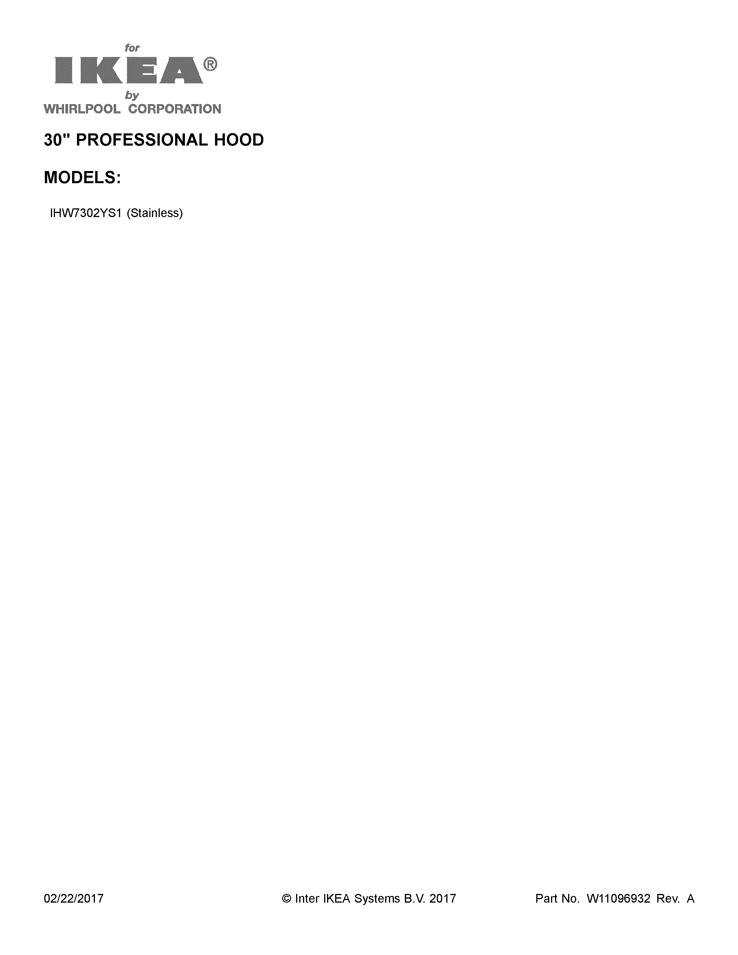 Cover Sheet Diagram and Parts List for IHW7302YS1  Whirlpool Range Hood
