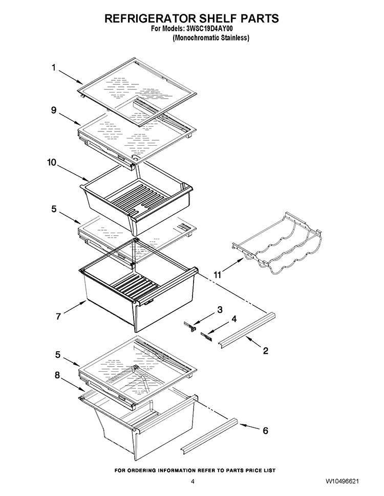 REFRIGERATOR SHELF PARTS Diagram and Parts List for 3WSC19D4AY00  Whirlpool Refrigerator