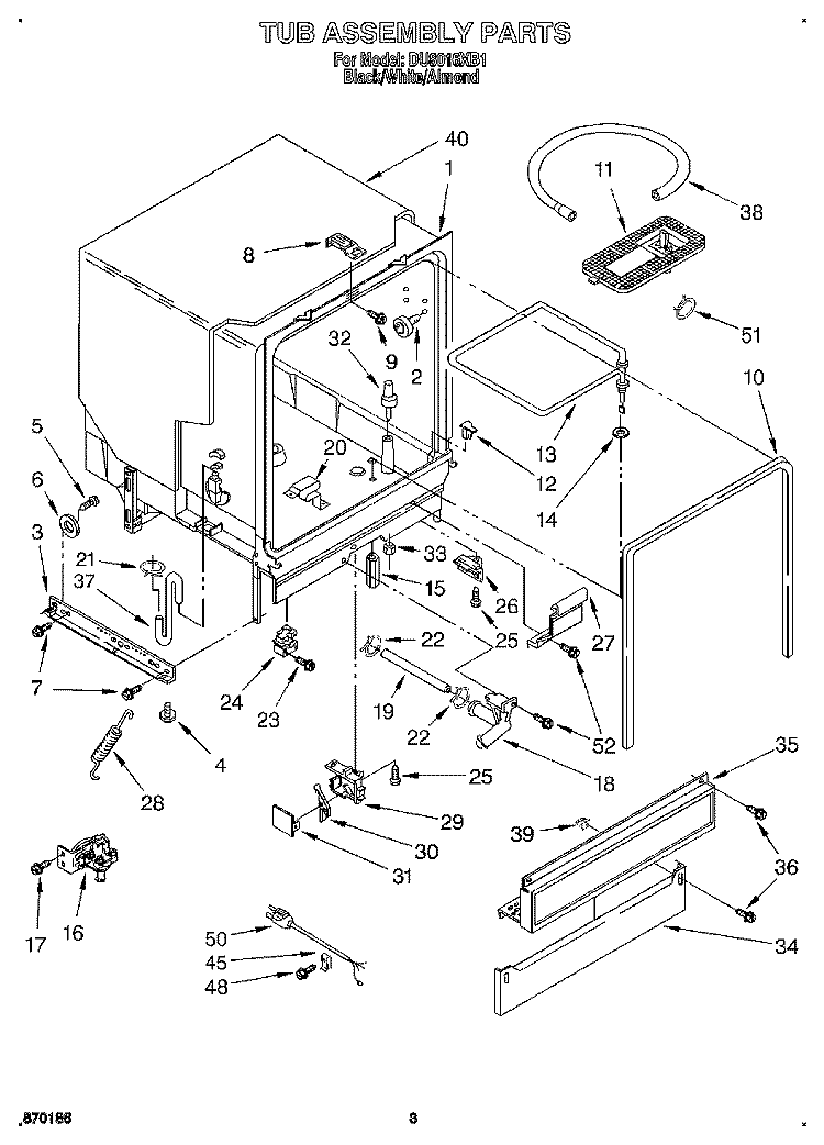 TUB ASSEMBLY Diagram and Parts List for DU8016XB1  Whirlpool Dishwasher