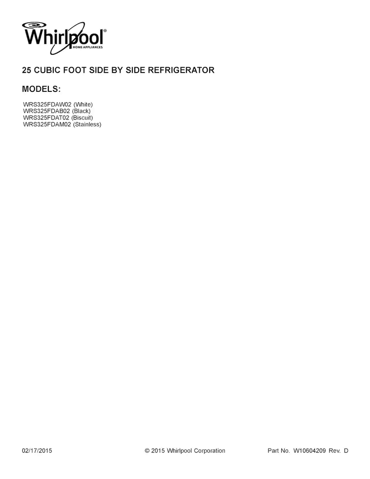 Cover Sheet Diagram and Parts List for WRS325FDAT02  Whirlpool Refrigerator