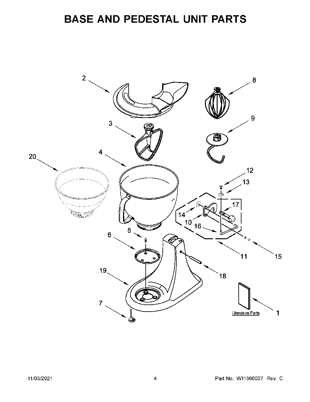 Base And Pedestal Unit Parts Diagram and Parts List for KSM195PSFT0  KitchenAid Mixer
