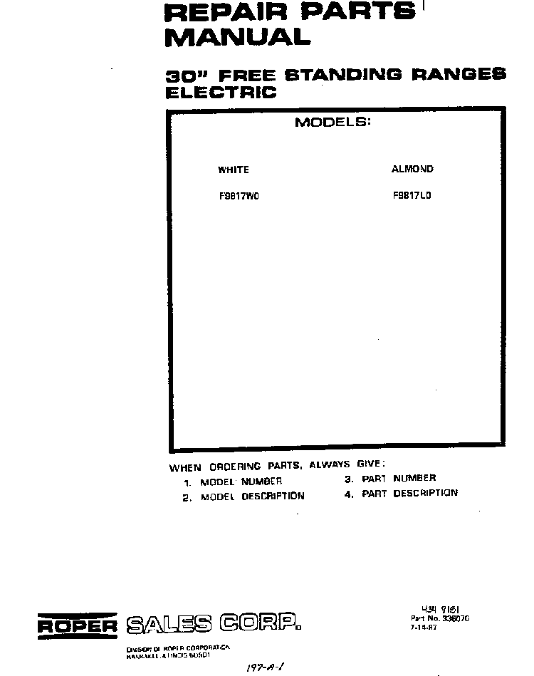 Front Cover Diagram and Parts List for F9817*0  Roper Range