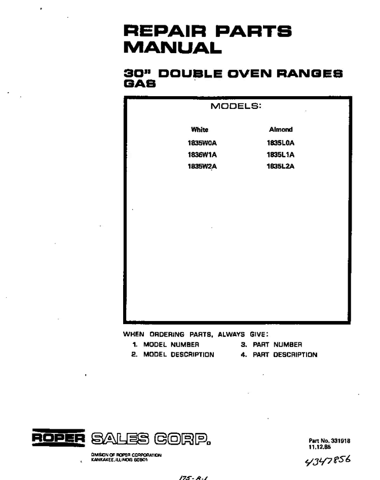 Front Cover Diagram and Parts List for 1835*1A  Roper Range