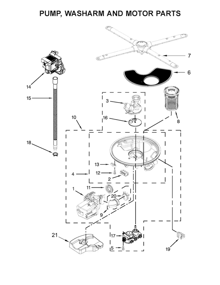 Pump, Washarm And Motor Parts Diagram and Parts List for KDTE104EBS4  KitchenAid Dishwasher