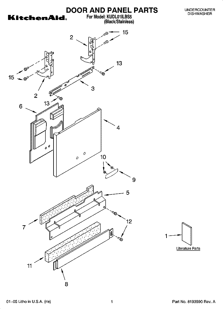 DOOR AND PANEL PARTS Diagram and Parts List for KUDL01ILBS5  KitchenAid Dishwasher