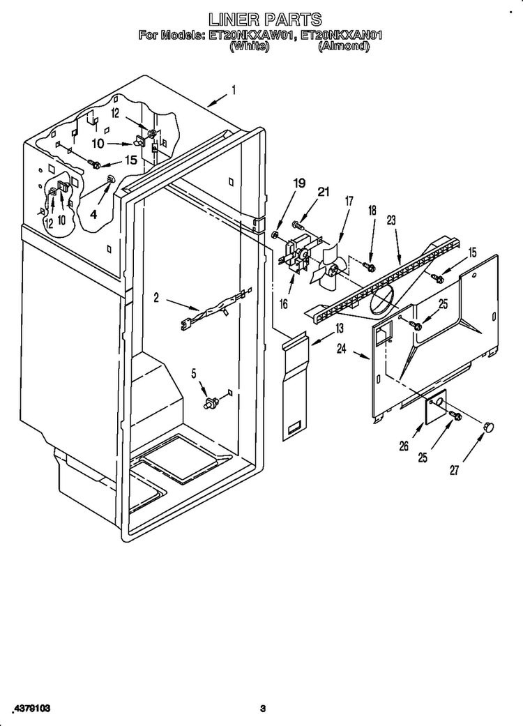 Liner Diagram and Parts List for ET20NKXAW0  Whirlpool Refrigerator