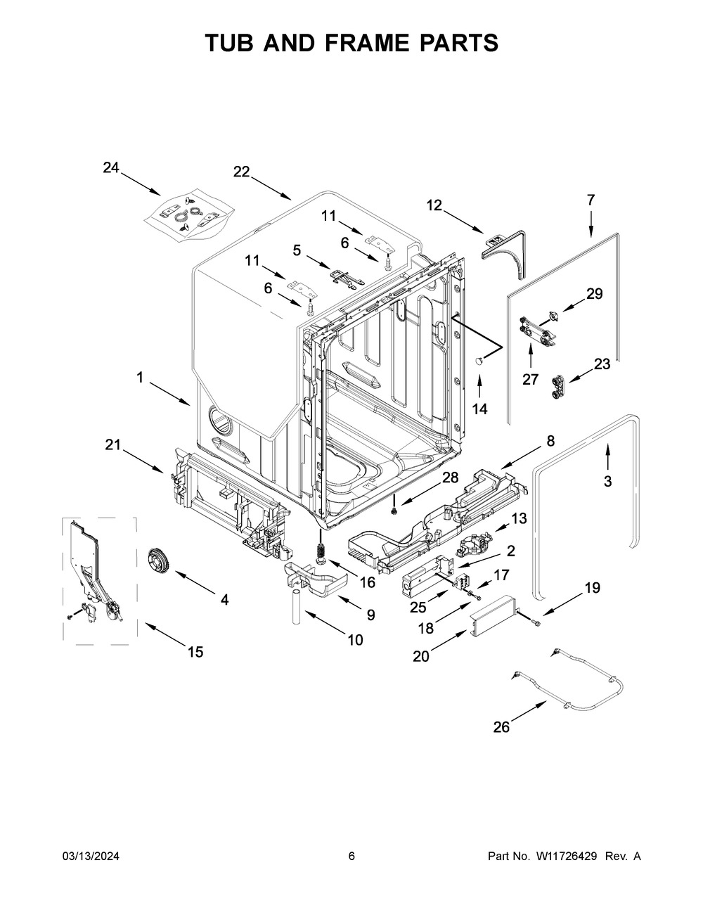 Tub And Frame Parts Diagram and Parts List for WDPA70SAMZ3  Whirlpool Dishwasher