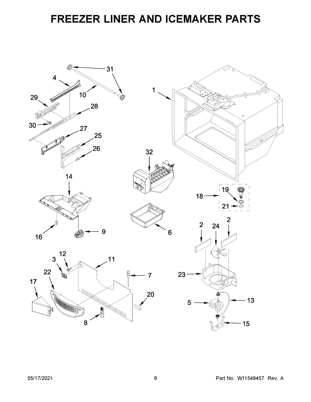 Freezer Liner And Icemaker Parts Diagram and Parts List for MFF2558FEZ08  Whirlpool Refrigerator