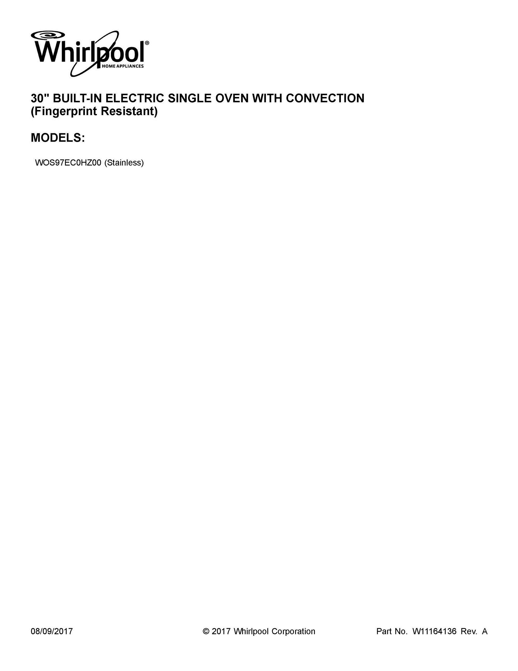 01 - COVER SHEET Diagram and Parts List for WOS97EC0HZ00  Whirlpool Wall Oven