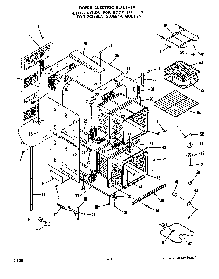 Main Body Diagram and Parts List for 2035B1A  Roper Range