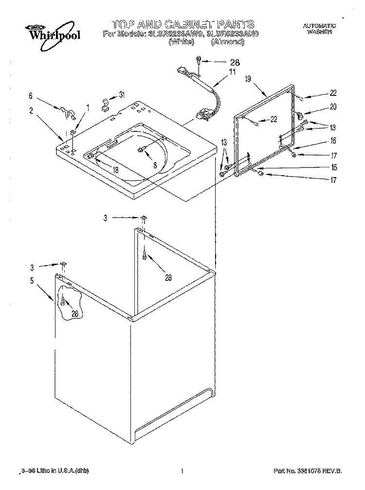 TOP AND CABINET, LIT/OPTIONAL Diagram and Parts List for 3LSR5233AN0  Whirlpool Washer