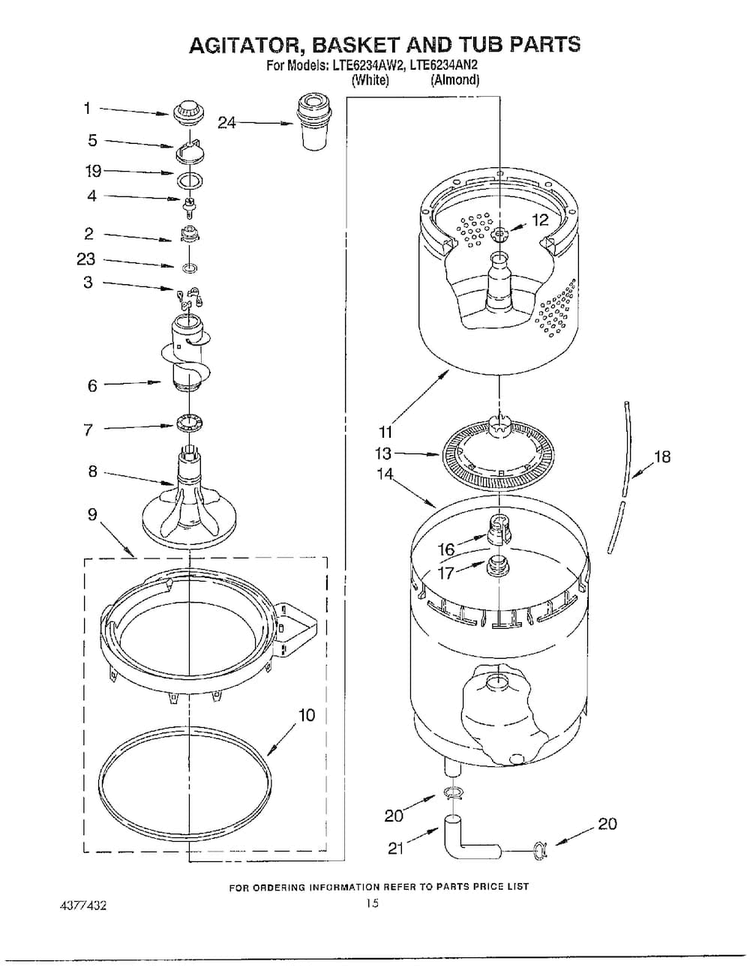 Agitator, Basket And Tub Parts Diagram and Parts List for LTE6243AN2  Whirlpool Washer Dryer Combo