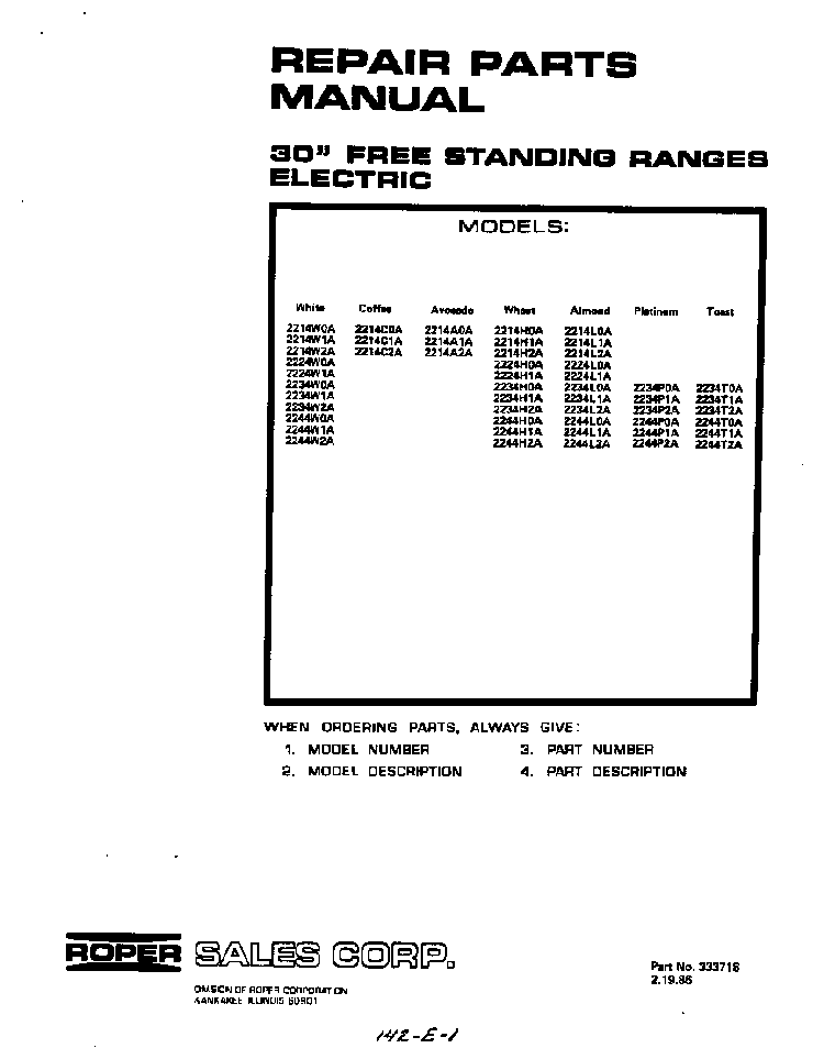 Front Cover Diagram and Parts List for 2234*2A  Roper Range