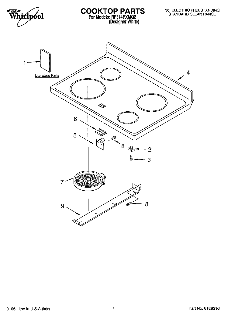 COOKTOP PARTS Diagram and Parts List for RF314PXMQ2  Whirlpool Range