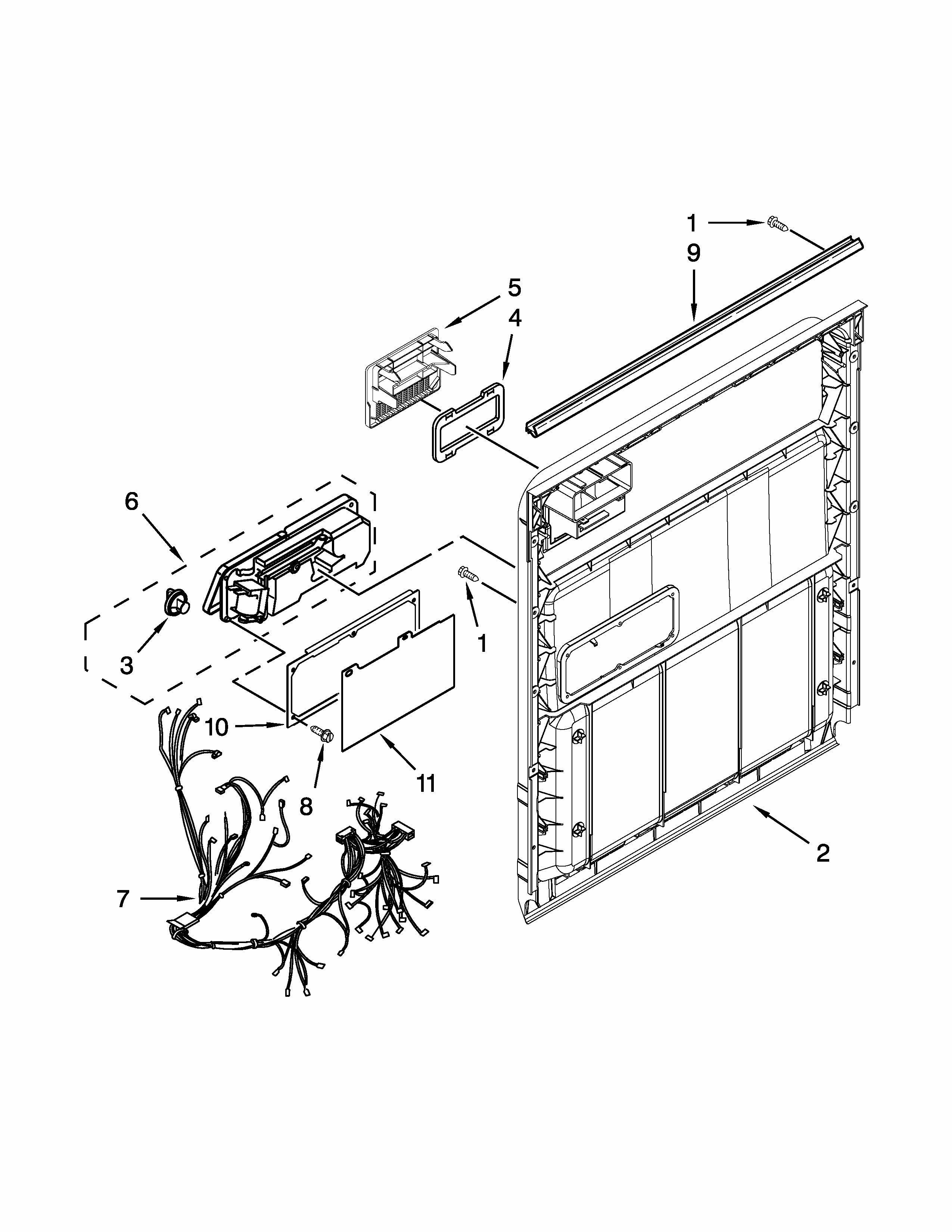 Inner Door Parts Diagram and Parts List for 66513073K216  Kenmore Dishwasher