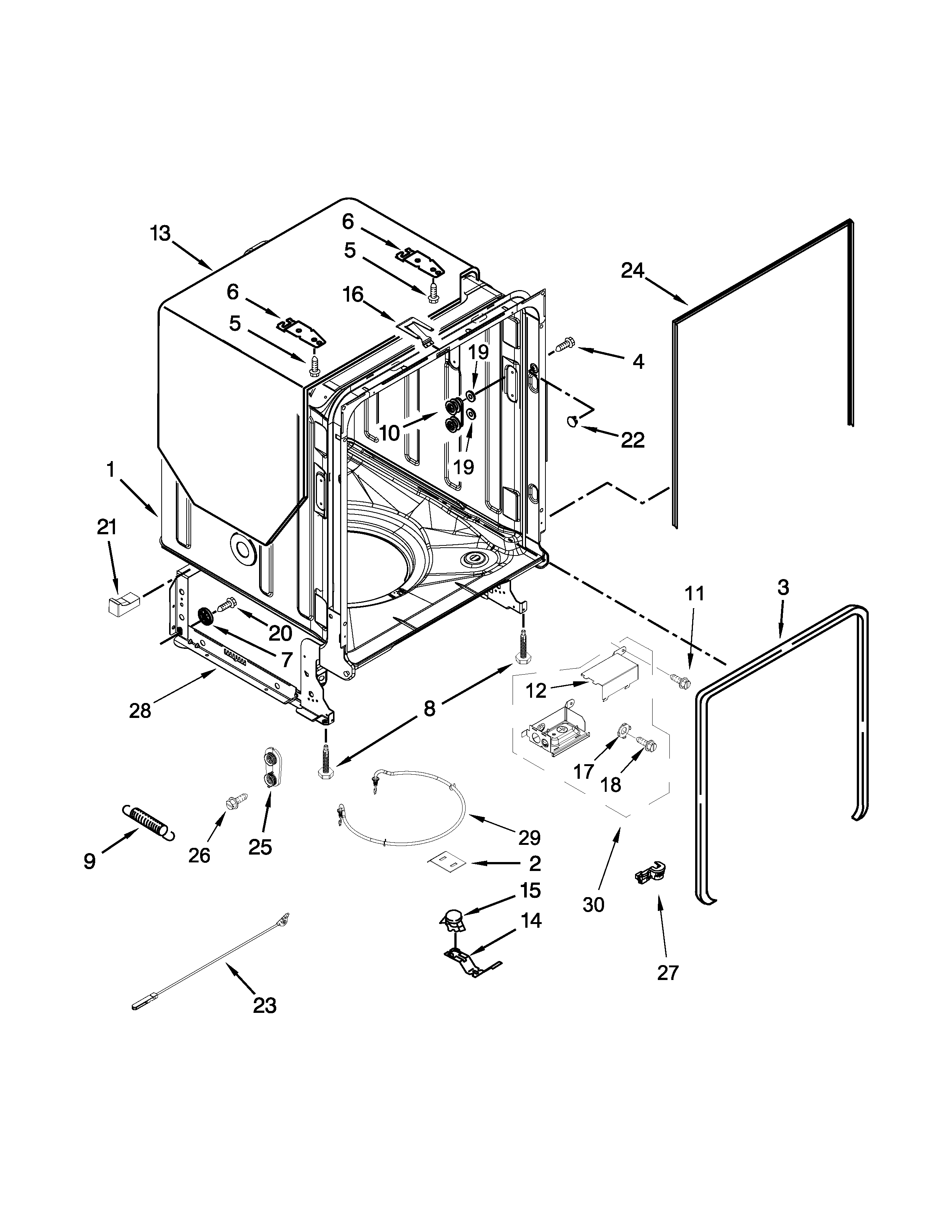 Tub And Frame Parts Diagram and Parts List for 66513543N411  Kenmore Dishwasher