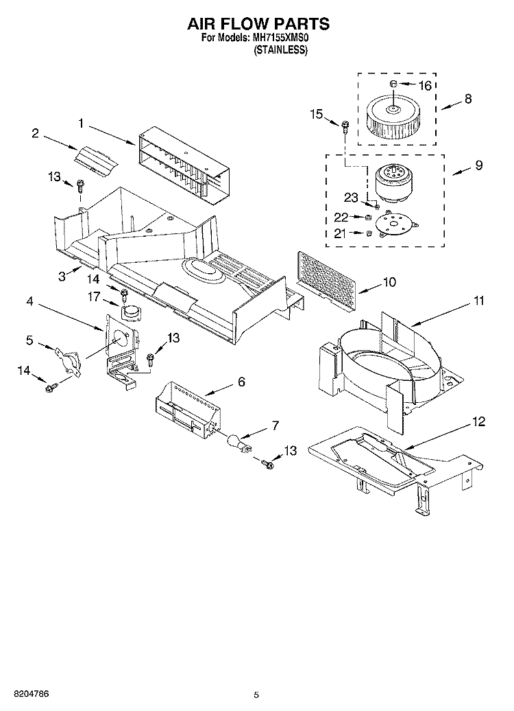 AIR FLOW PARTS Diagram and Parts List for MH7155XMS0  Whirlpool Microwave