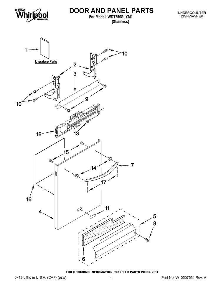 DOOR AND PANEL PARTS Diagram and Parts List for WDT790SLYM1  Whirlpool Dishwasher
