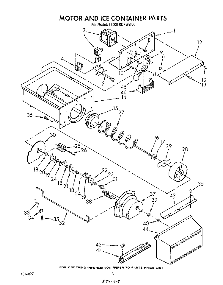 MOTOR AND ICE CONTAINER Diagram and Parts List for 6ED25RQXWW00  Whirlpool Refrigerator