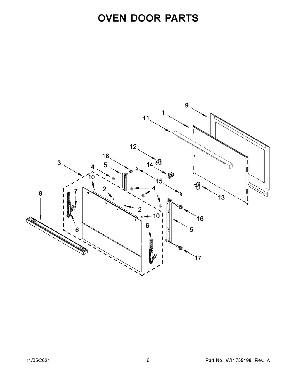 04 - Oven Door Parts Diagram and Parts List for JMW2430LM04  Whirlpool Microwave Oven Combo