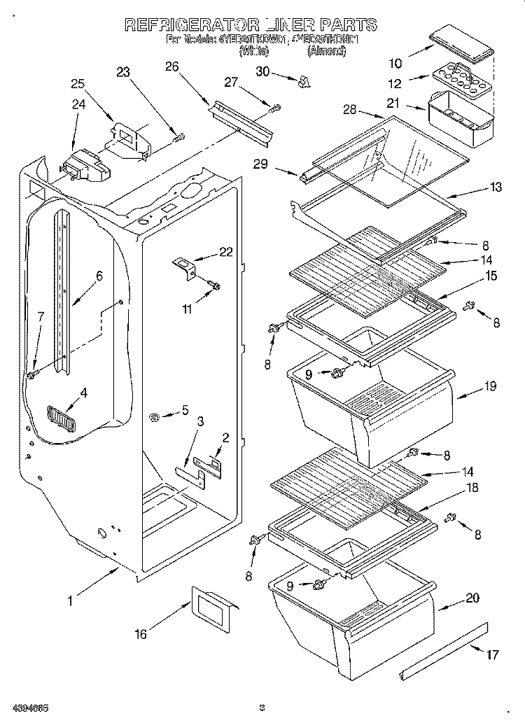 REFRIGERATOR LINER Diagram and Parts List for 4YED20TKDN01  Whirlpool Refrigerator