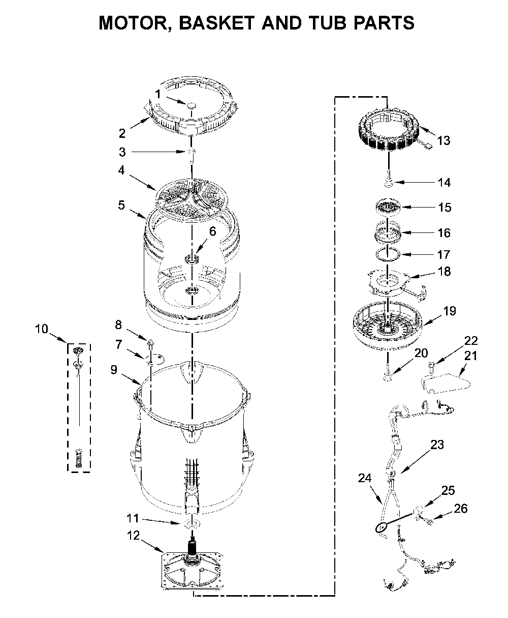 Motor, basket and tub parts Diagram and Parts List for 11028132414  Kenmore Washer