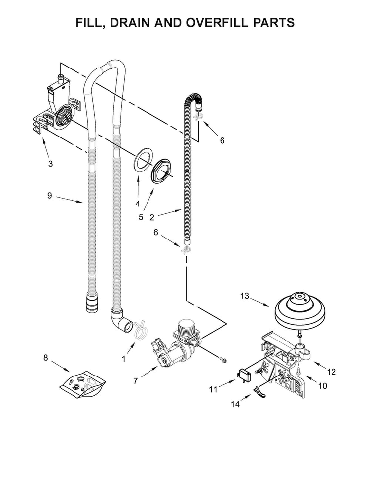 Fill, Drain And Overfill Parts Diagram and Parts List for WDF320PADB3  Whirlpool Dishwasher
