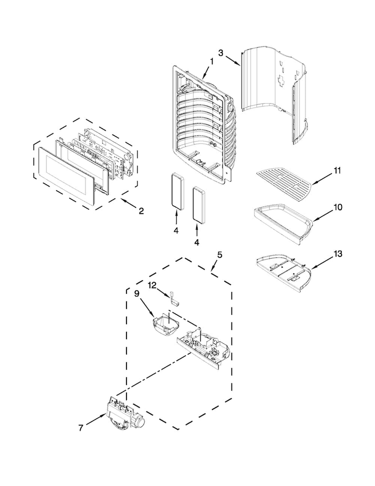 Dispenser Front Parts Diagram and Parts List for KFIS29BBWH02  KitchenAid Refrigerator
