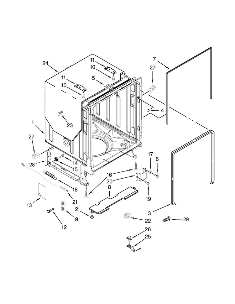 Tub And Frame Parts Diagram and Parts List for KUDE60HXSS6  KitchenAid Dishwasher